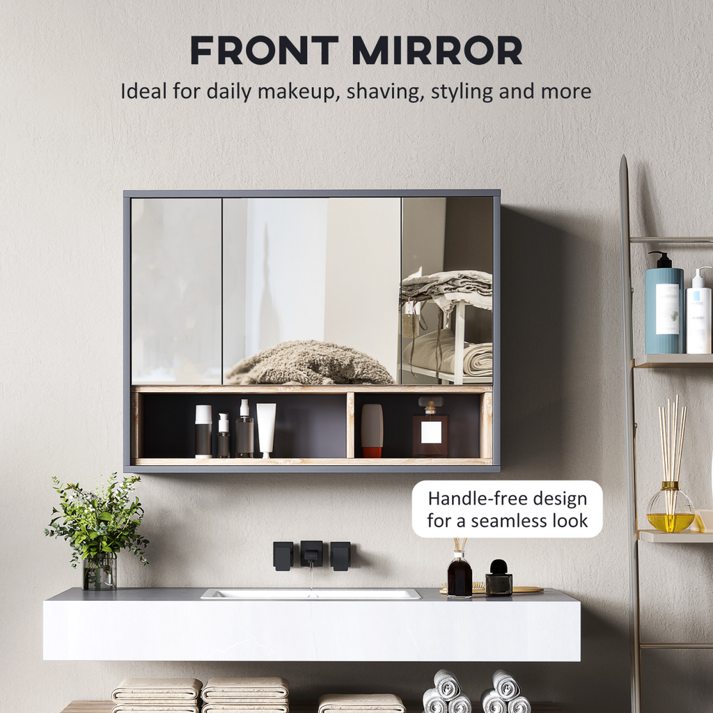 HOMCOM Bathroom Cabinet Wall Mounted Mirror Storage with Shelves Grey
