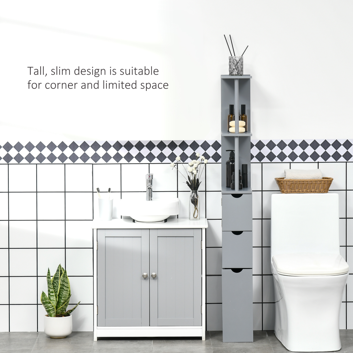 HOMCOM Tall Bathroom Cabinet, Bathroom Storage Cabinet W/ Shelf, Drawers, Grey