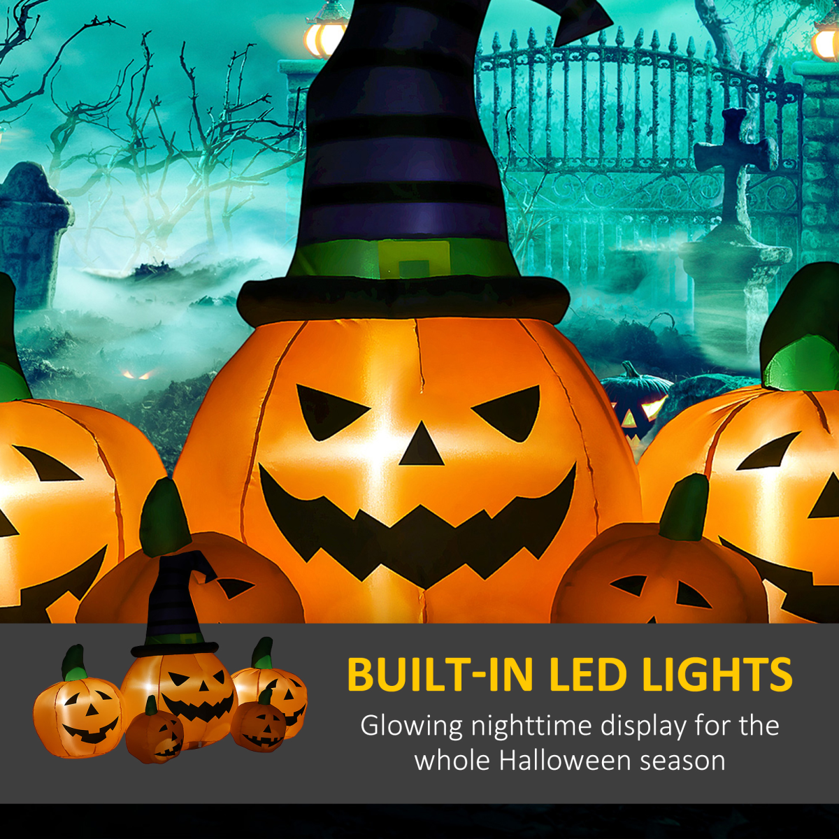 6ft Inflatable Halloween Large Pumpkin Hat with Four Small Pumpkins Blow-Up LED