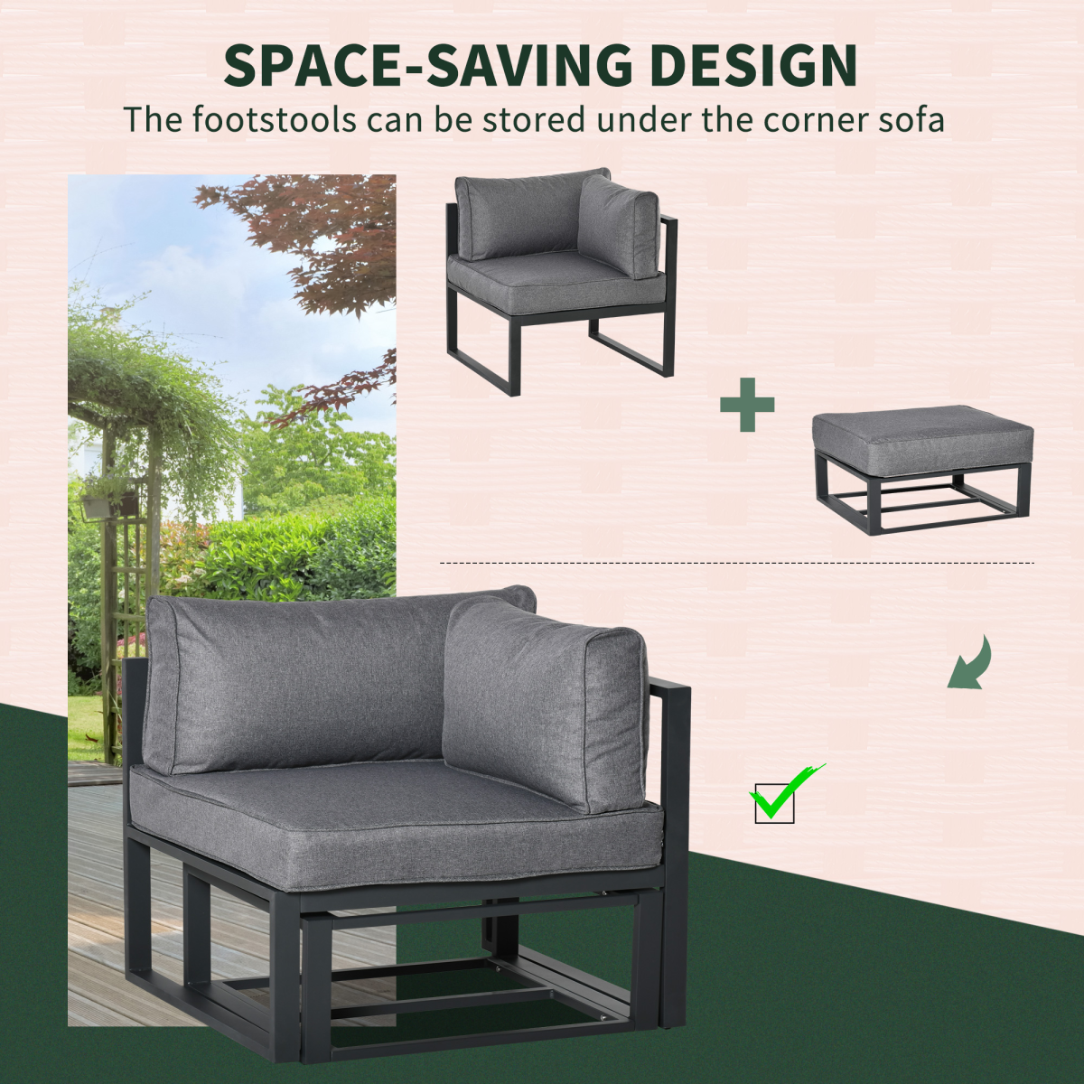 Daybed 6 Piece Sectional Sofa Set, & Coffee Table, Footstool & Cushions, Grey