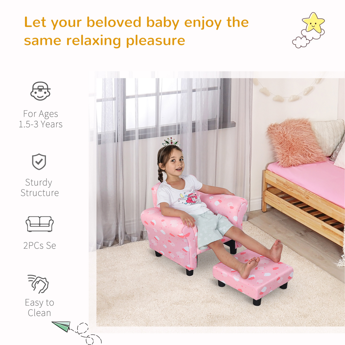 Cute Cloud Star Kids Children Armchair Mini Seat Wood with Footrest Padding Pink