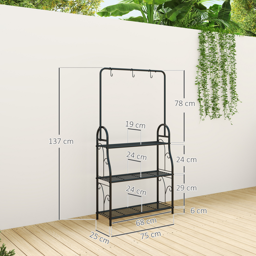 Outsunny 3 Tier Plant Stand w/ Hanging Hooks for Balcony Living Room, Black