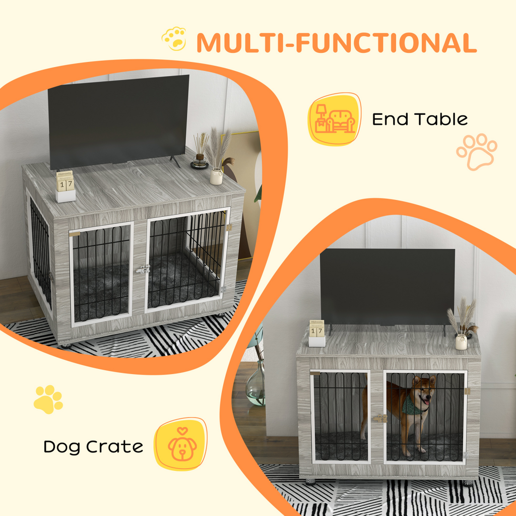 PawHut Dog Crate Furniture, Dog Crate End Table with Soft Cushion, Double Door
