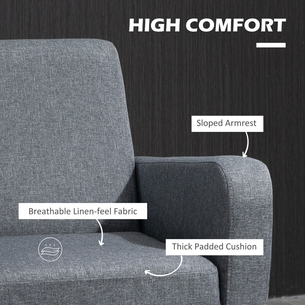 Linen Modern-Curved Armchair Accent Seat with Thick Cushion Wood Legs Grey