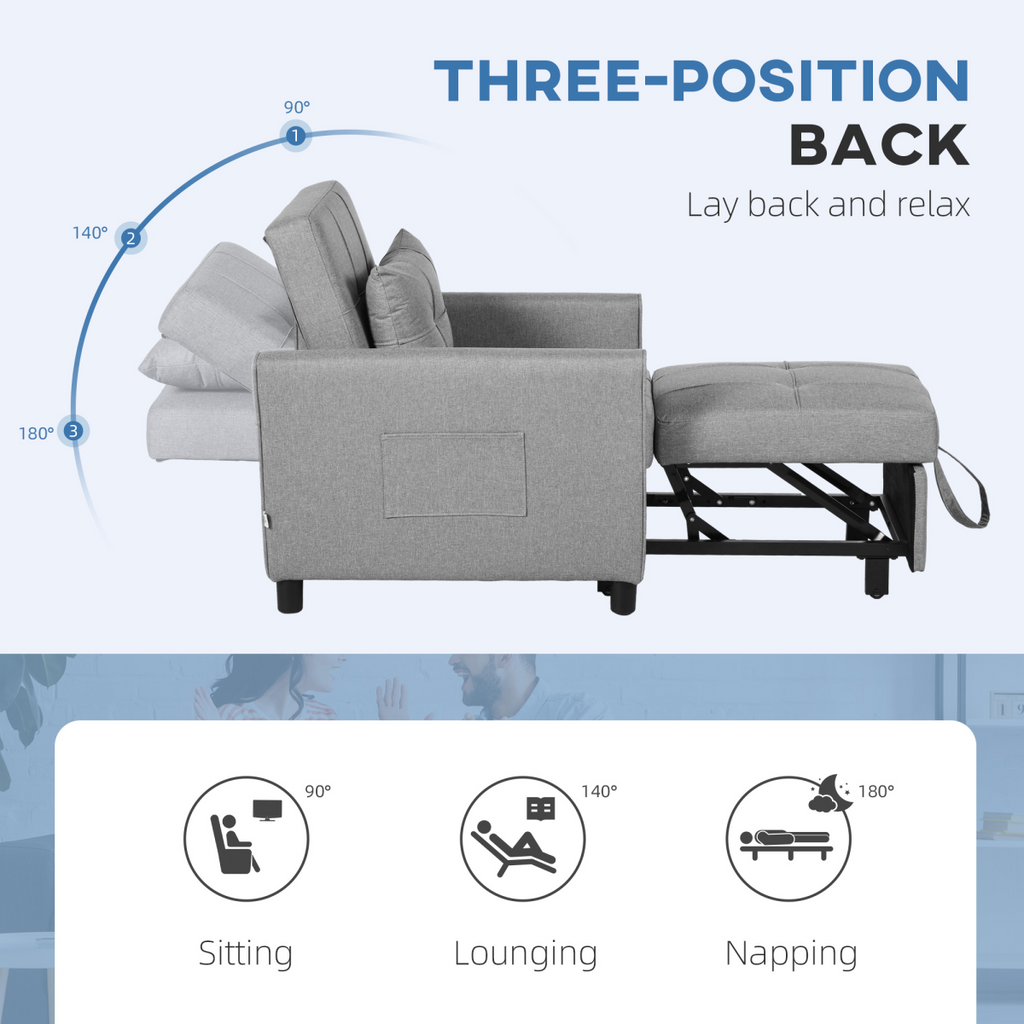HOMCOM Pull Out Chair Bed, Sleeper Chair with Pillow, Side Pockets, Light Grey