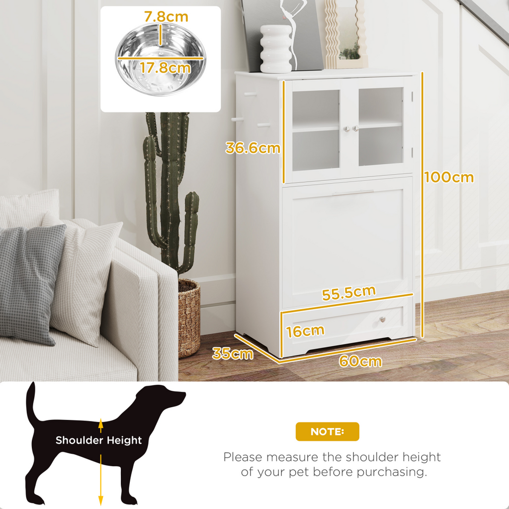 PawHut Dog Feeding Station with 2 Storage Cabinets, 2 Elevated Bowls, White