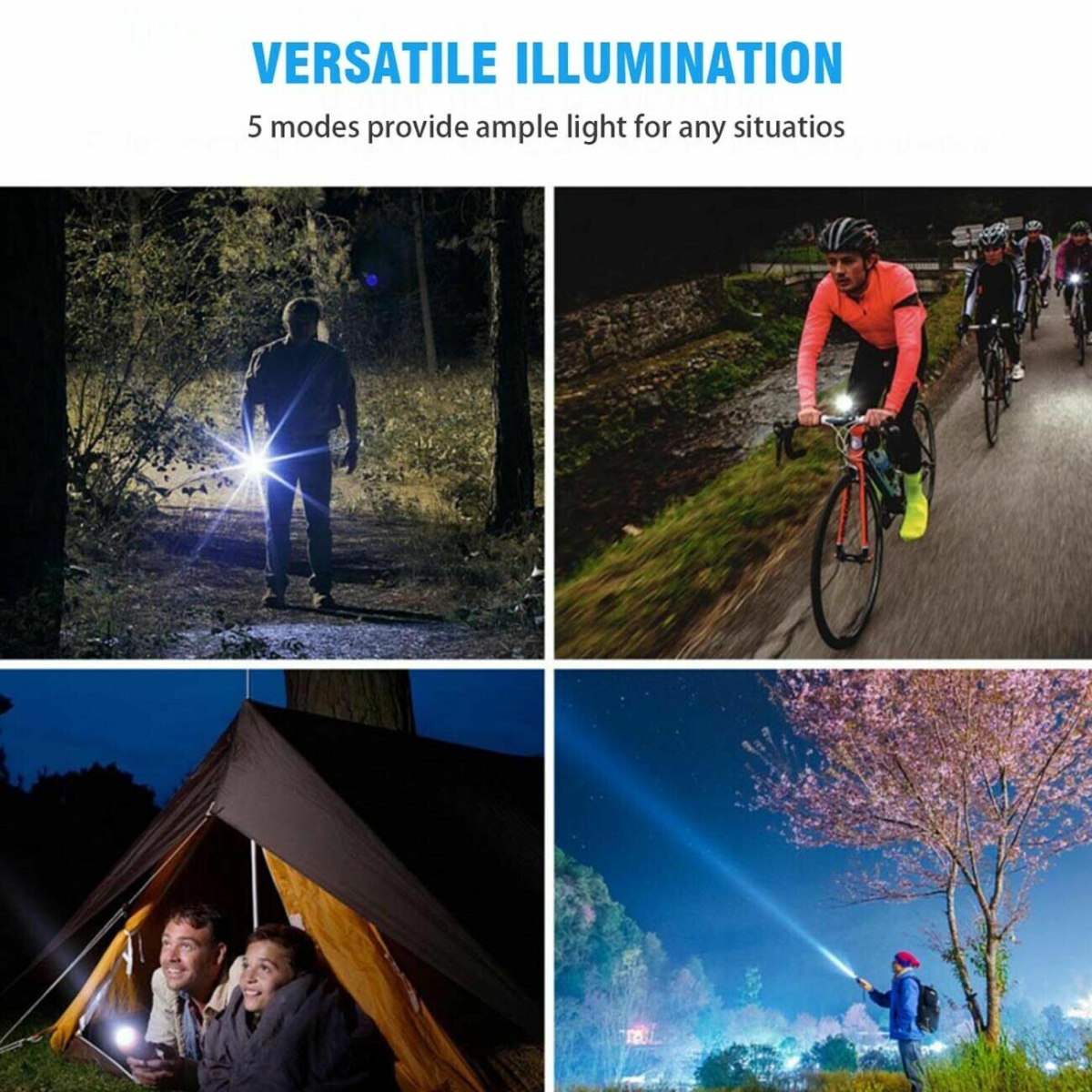 2 Pack USB Rechargeable LED Flashlight 5-Mode Outdoor Camping Hiking Flashlight