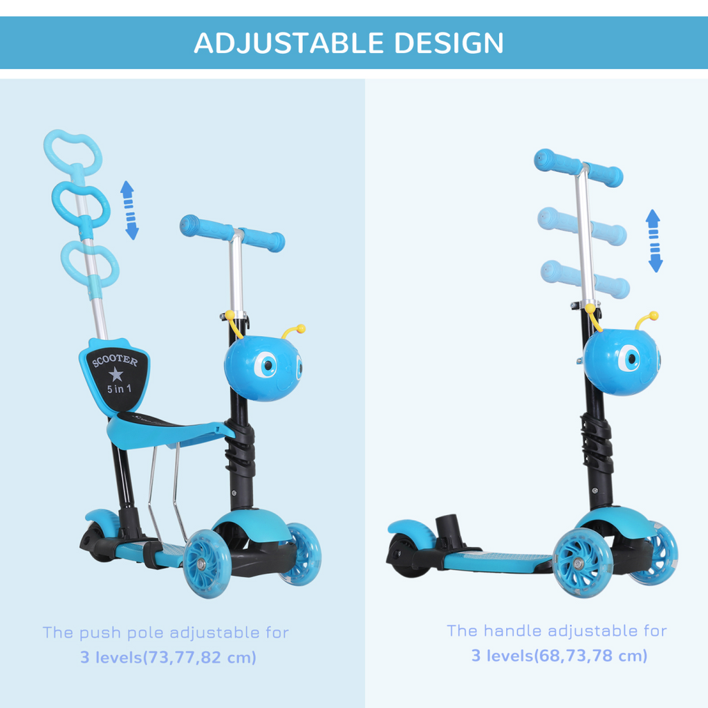 HOMCOM 5-in-1 Kids Kick Scooter 3-wheel Walker with Removable Seat Adjustable