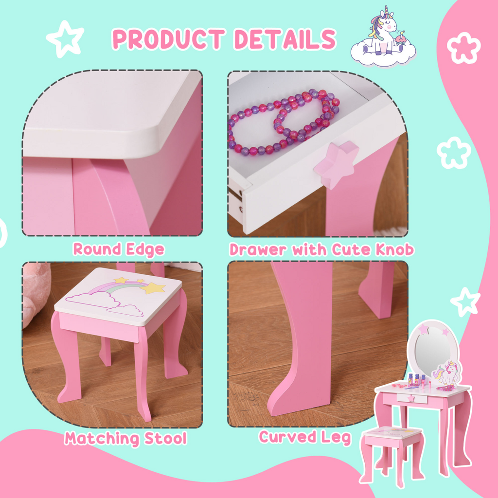 Kids Dressing Table, Girls Vanity Set w/ Mirror and Stool, Unicorn-Designed