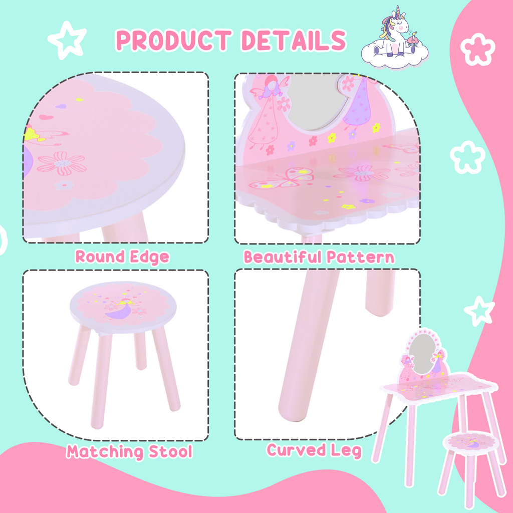 Girls Kids Pink Dressing Table Make Up Play Set Desk Chair Mirror HOMCOM