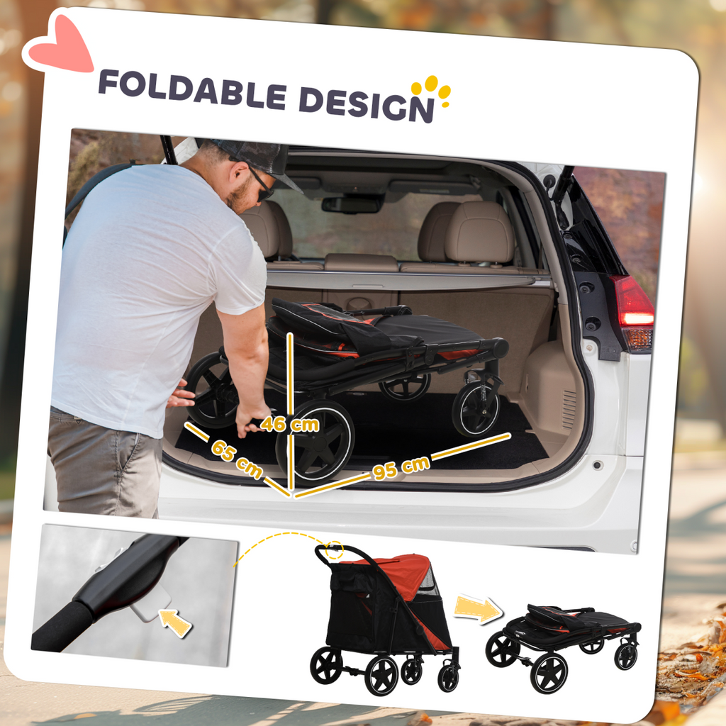 PawHut Foldable Dog Carriage w/ Universal Wheels, Shock Absorber - Red