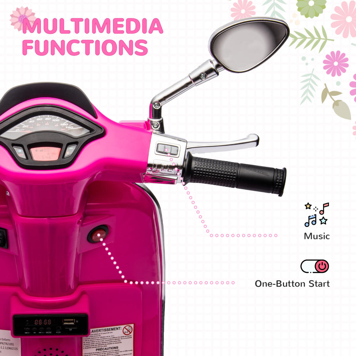 AIYAPLAY Vespa Licensed 12V Kids Electric Motorbike with 2 Training Wheels - Pink