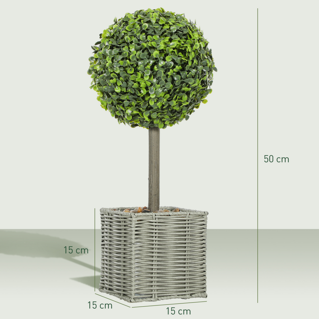 HOMCOM Set of 2 Artificial Plants, 50cm Faux Boxwood Topiary Balls, Green