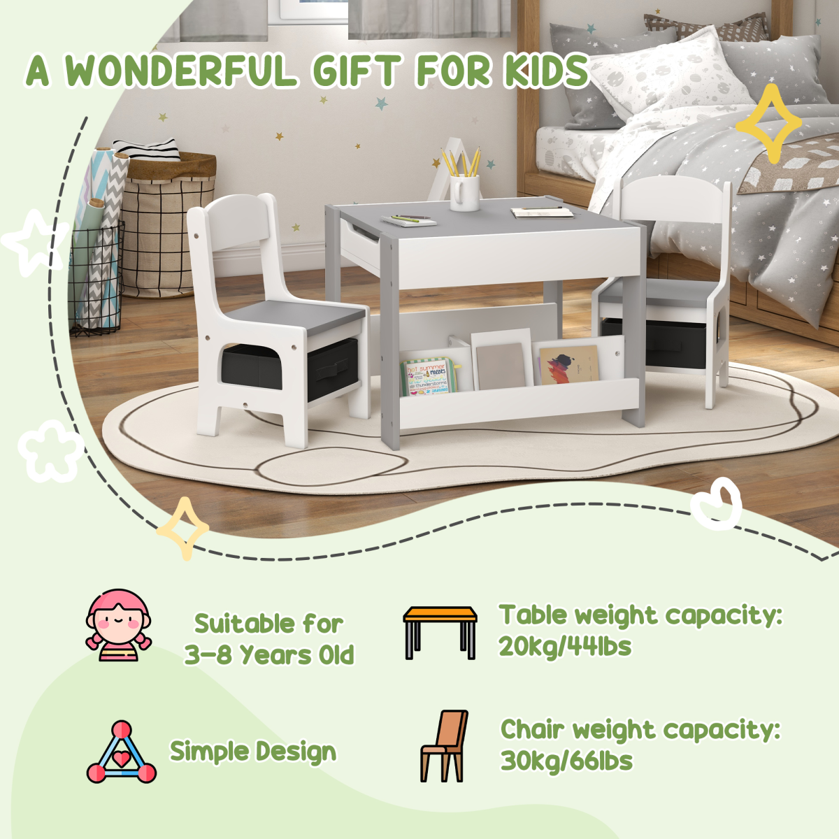 HOMCOM 3PCs Kids Table and Chair Set for Nursery, Playroom, Classroom, Grey