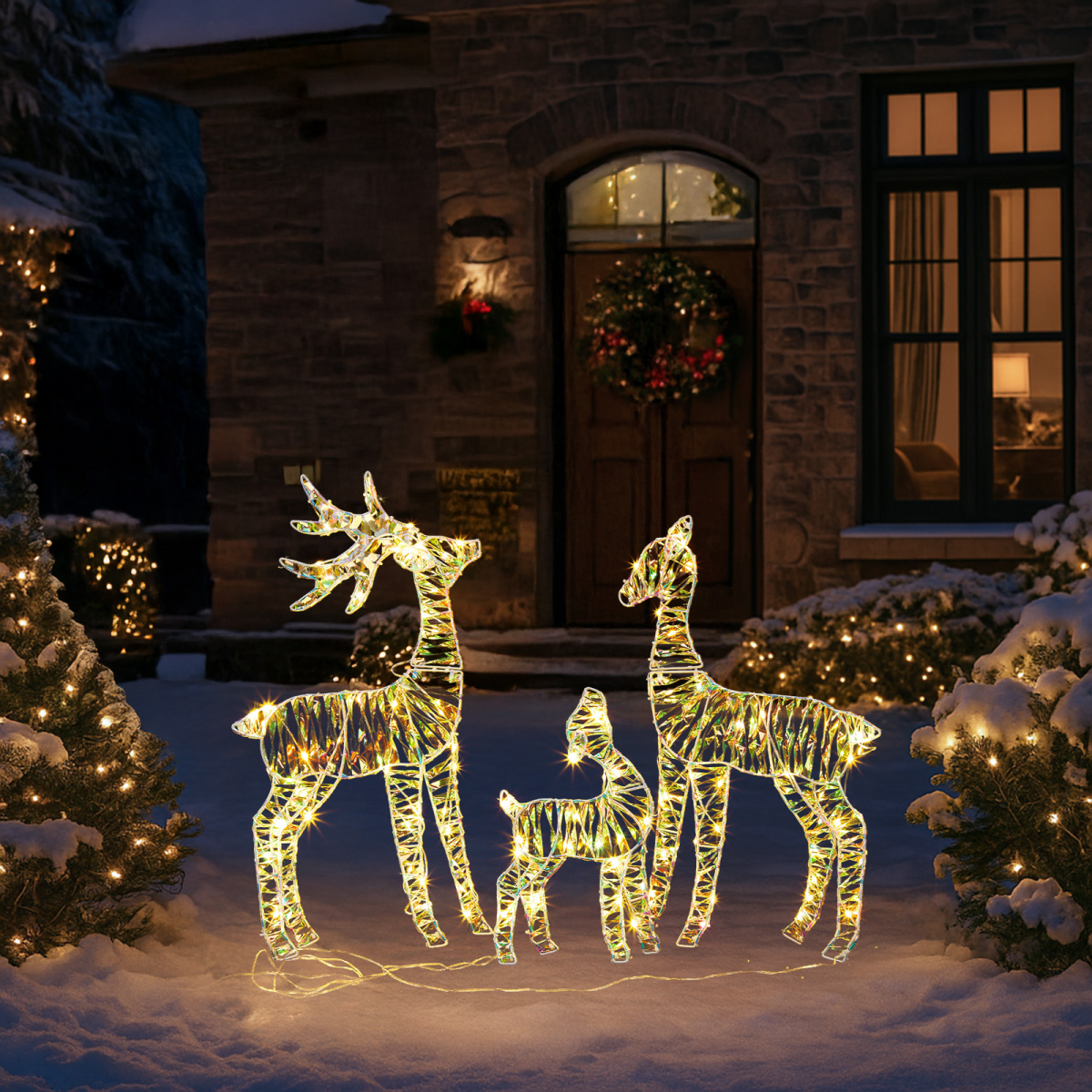 3-Piece Lighted Iridescent Christmas Reindeer Family Set Outdoor Decorations