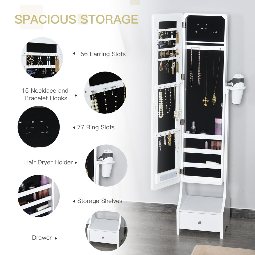 Freestanding Jewellery Storage Mirror Armoire  LED Lights Hooks Drawer