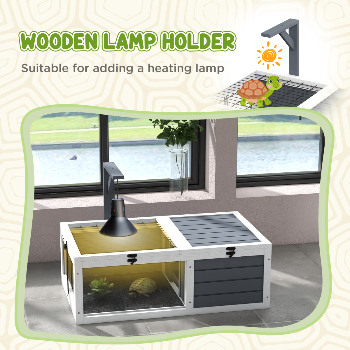 PawHut Tortoise House, Wooden Tortoise Table w/ Wooden Lamp Holder - Grey