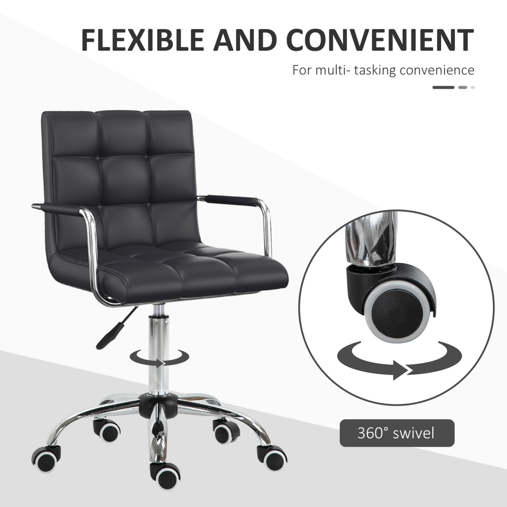 Mid Back PU Leather Home Office Chair Swivel Desk Chair with Arm, Wheel, Black