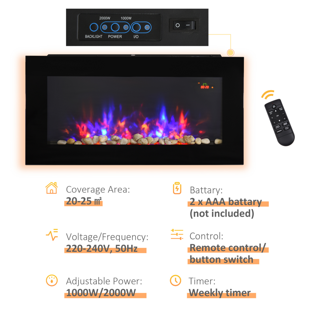 HOMCOM 1000W/2000W LED Electric Fireplace Automatic Function Remote Timer Safe