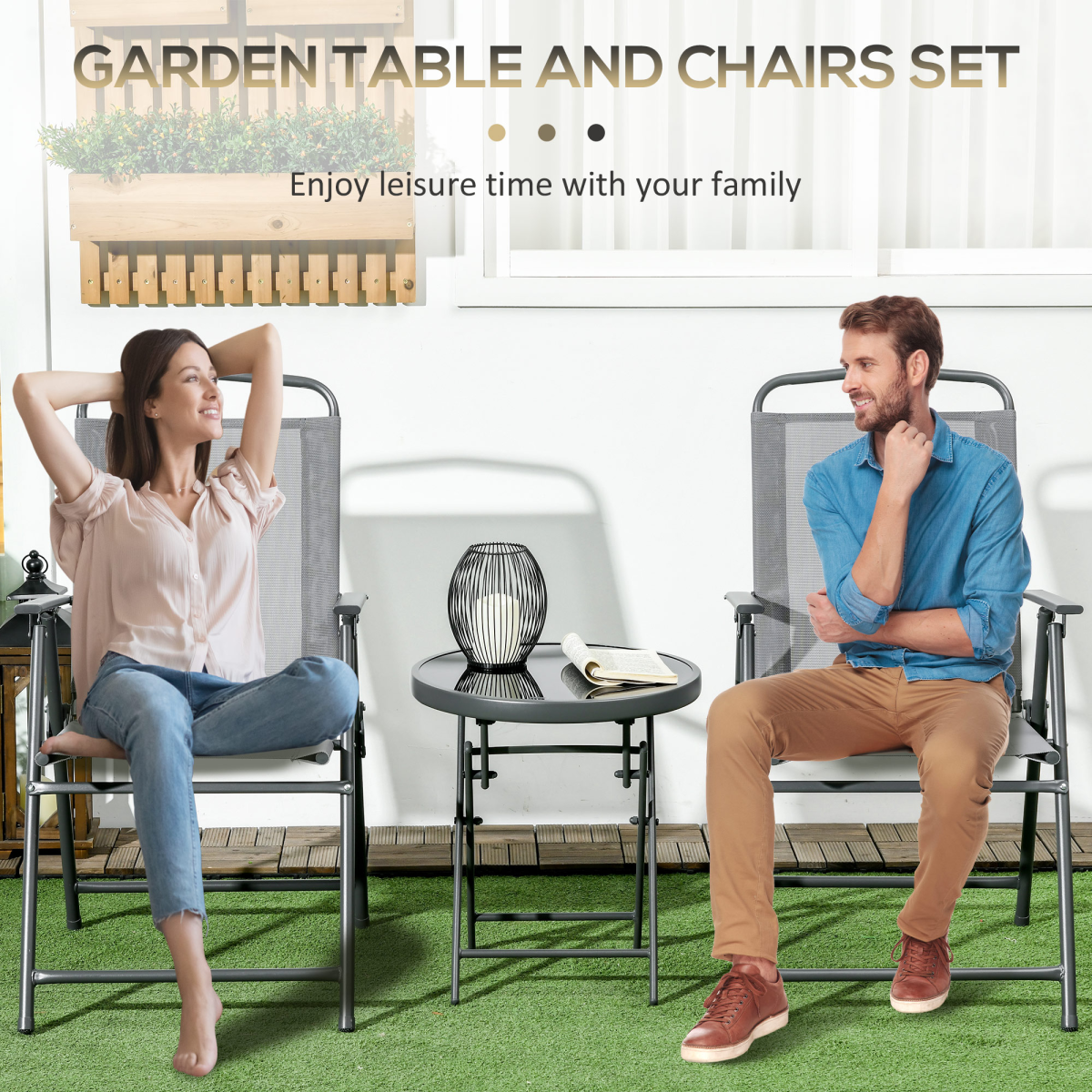 Outsunny Patio Bistro Set Folding Chairs & Coffee Table for Balcony,Grey