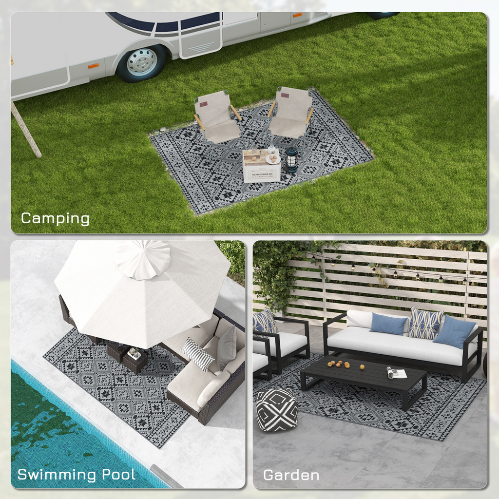 Outsunny Reversible Waterproof Outdoor Rug with Carry Bag, 182 x 274cm, Black