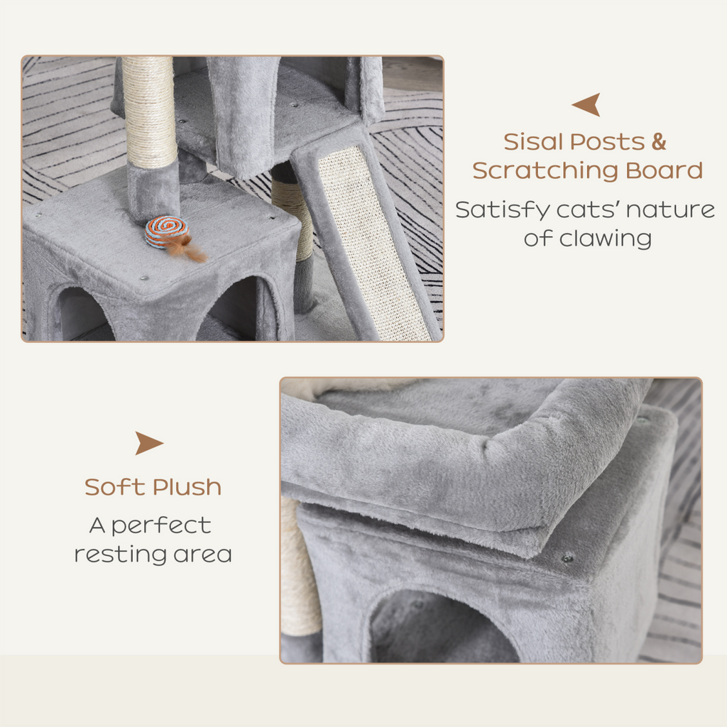 Cat Rest & Play Activity Tree w/ 2 House Cushion Perch Scratching Post Grey