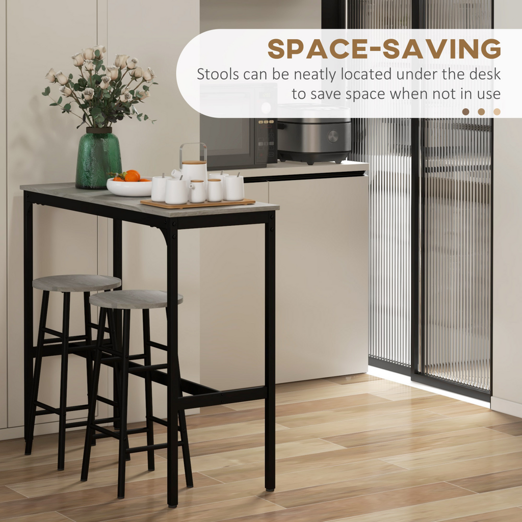 HOMCOM 3 Piece Bar Set, Industrial Kitchen and Chair Set for Small Space, Grey