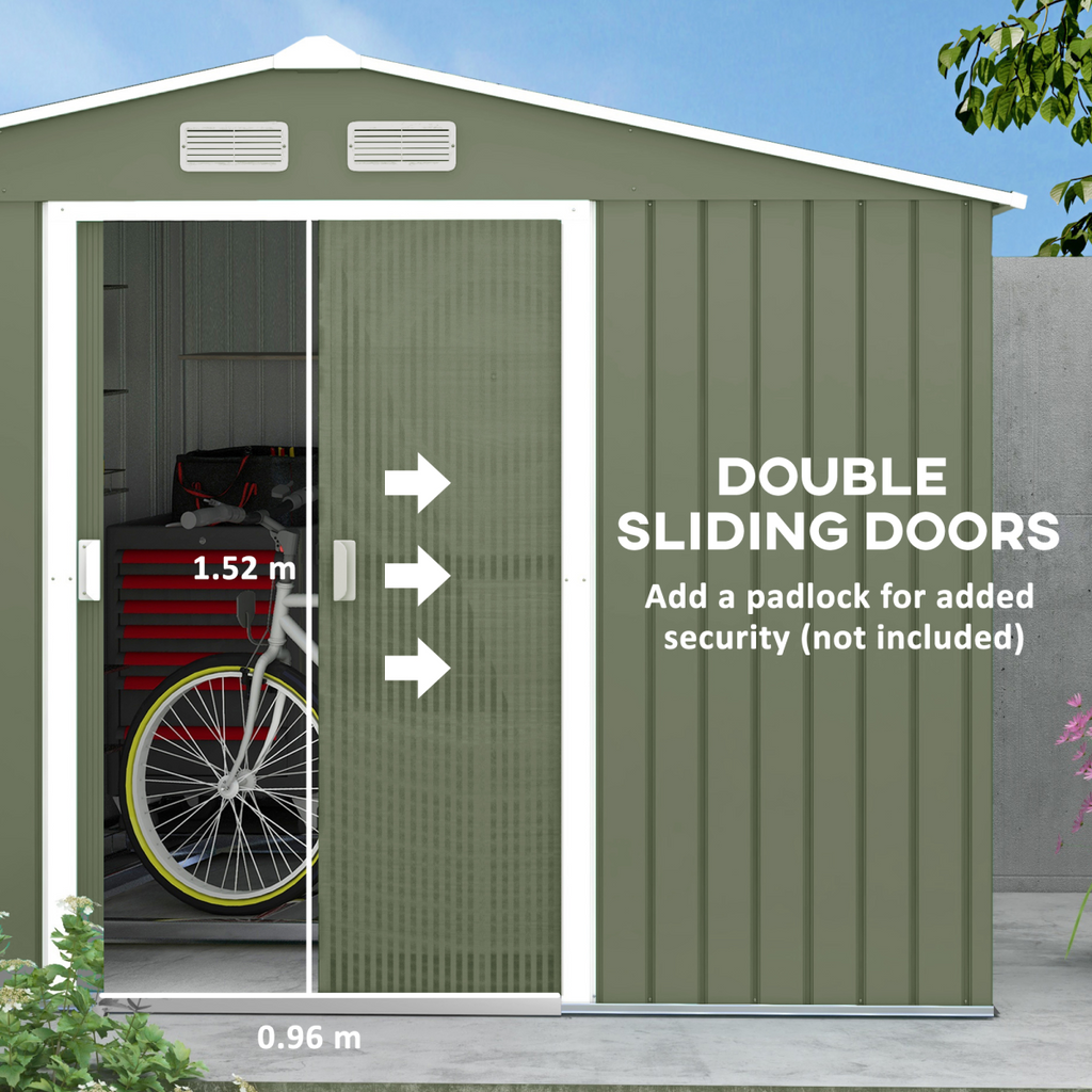 9 x 6FT Garden Metal Storage Shed Tool Box Foundation Vent & Doors  Green