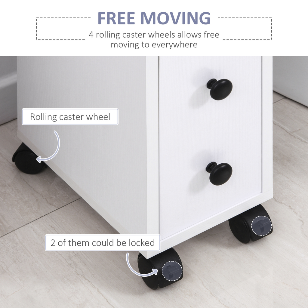 Slimline Bathroom Storage Unit with 2 Drawers 2 Open Compartments Wheels White