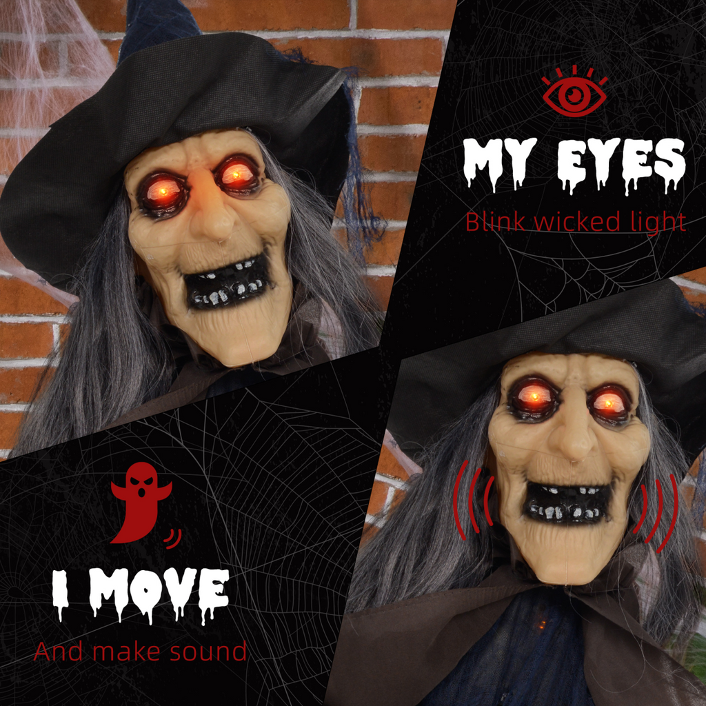 HOMCOM Halloween Witch with Broomstick Animatronic Prop with Light Up Eyes