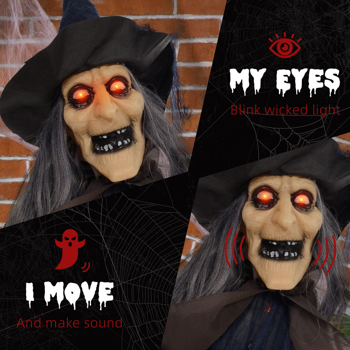HOMCOM Halloween Witch with Broomstick Animatronic Prop with Light Up Eyes