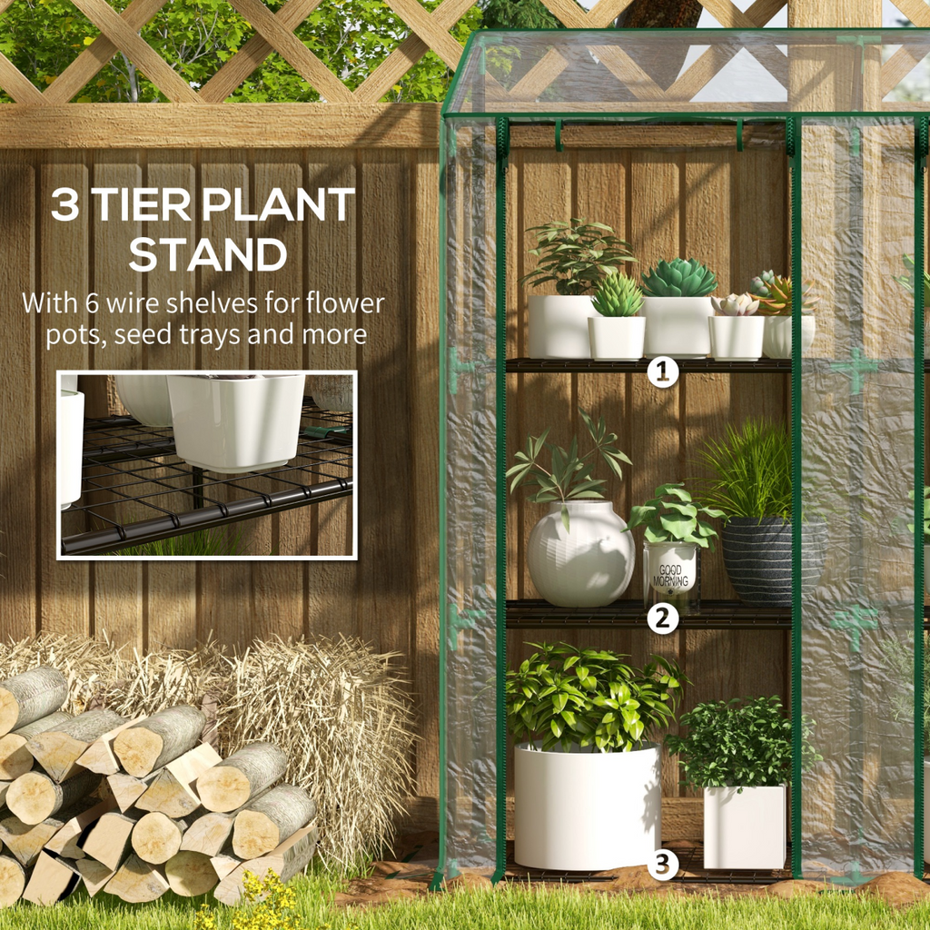 Outsunny Mini Green House with 3 Tier Shelves, 151H x 143W x 46Dcm, Clear