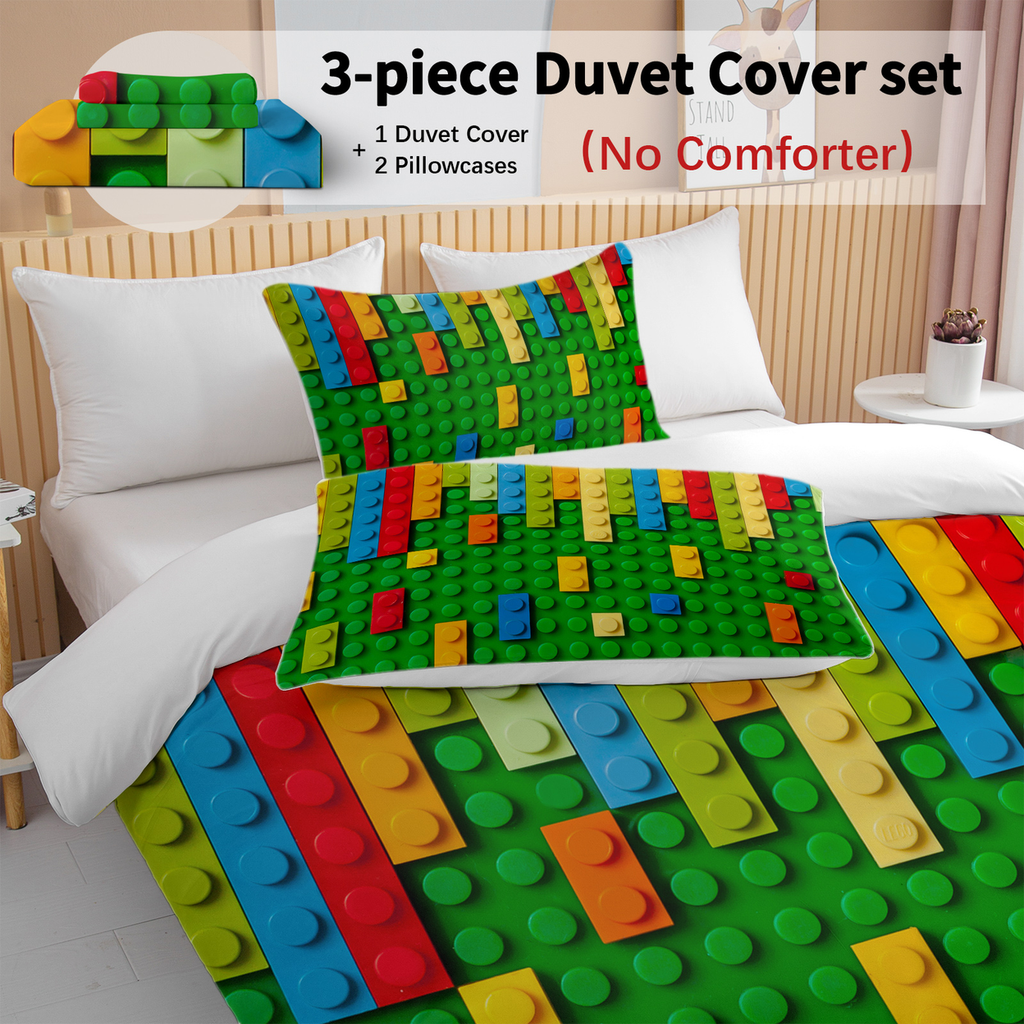 Green Blocks Duvet Cover Set Double 3pcs Colorful Microfiber Kids Bedding Set