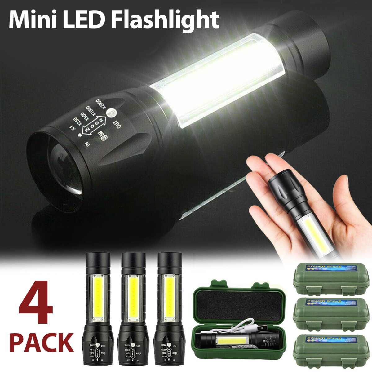 4 Pack Mini Zoomable LED Flashlight USB RechargeableCamping Hiking Flashlight Work light