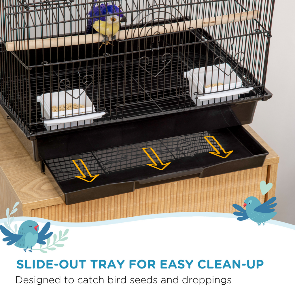 Metal Bird Cage w/ Plastic Perch Food Container Handle 50.5 x 40 x 63cm Black