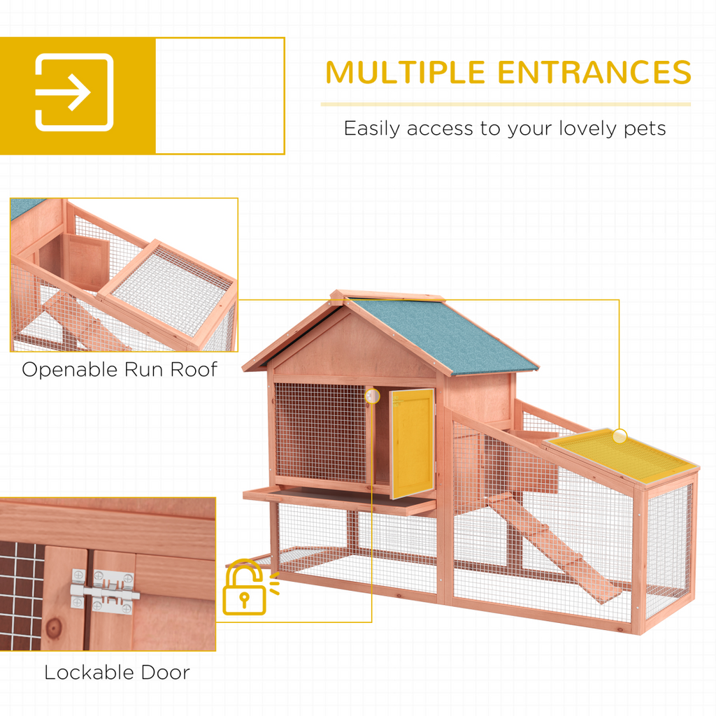 2 Tier Wood Rabbit Hutch Water Resistant Asphalt Roof Ramp 144 x 64.5 x 100 cm
