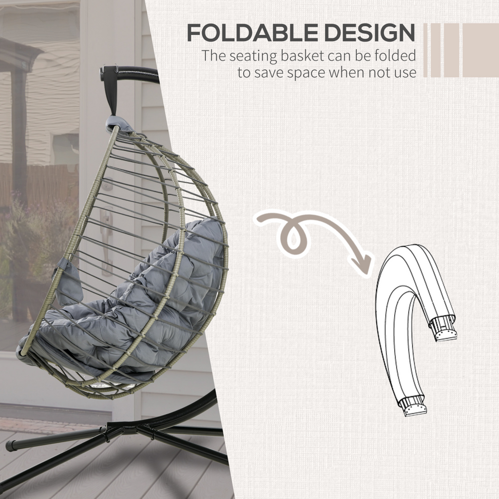 Outsunny PE Rattan Hanging Swing Chair w/ Stand & Cup Holder, Grey