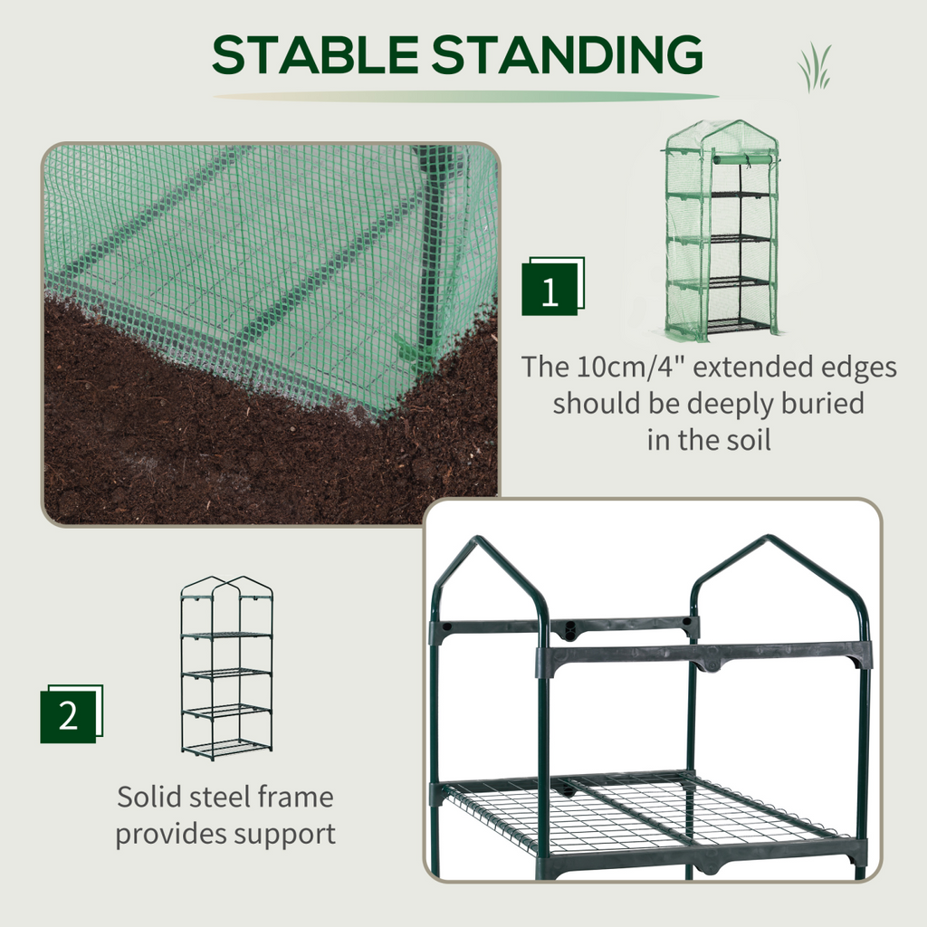 4-Tier Mini Greenhouse with Dark Green PE Cover – 160cm