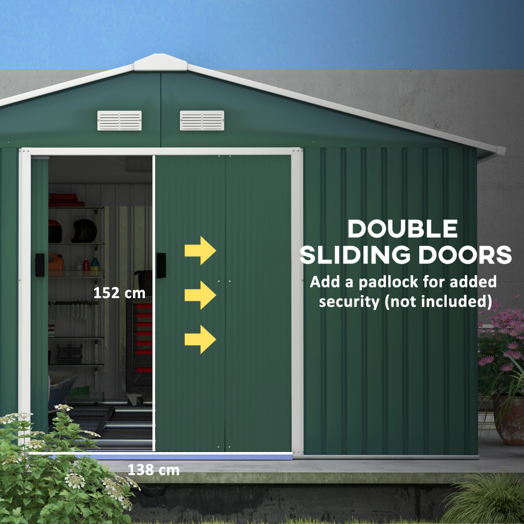13ft x 11ft Outdoor Roofed Metal Storage Shed Foundation Vent & Doors Green