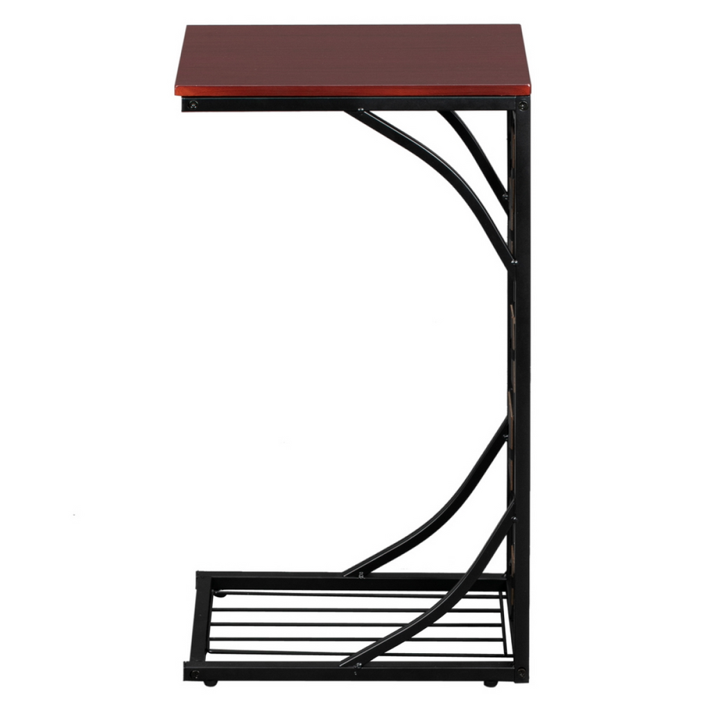 C-Shaped End Table with Gravel Pattern, Brown Top & Black Powder-Coated Base