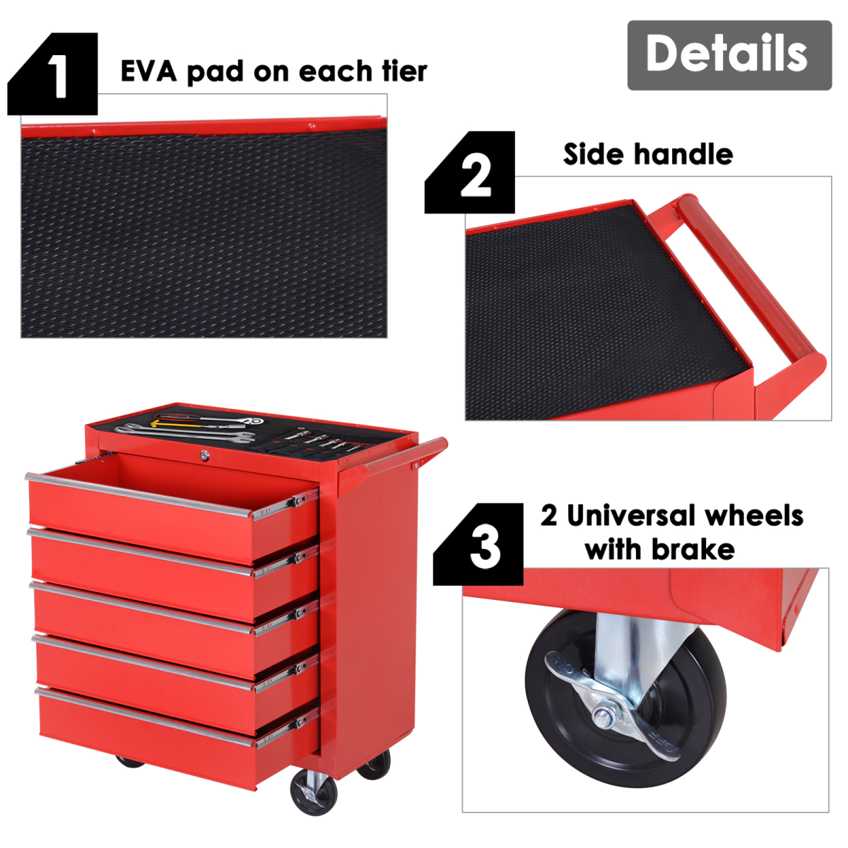 Roller Tool Cabinet Storage Box 5 Drawers Wheels Caster Garage Workshop Red