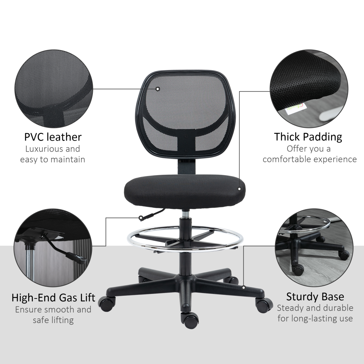 Vinsetto Draughtsman Chair Tall Office Chair with Adjustable Footrest Ring Black