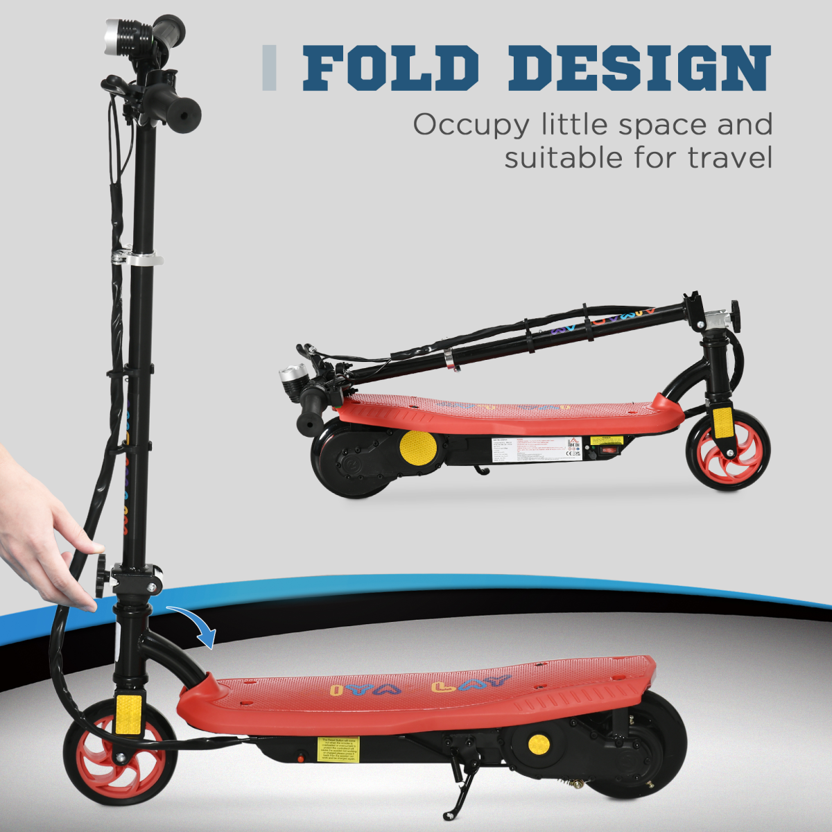 Folding Electric Scooter E-Scooter with LED Headlight, for Ages 7-14 Years - Red