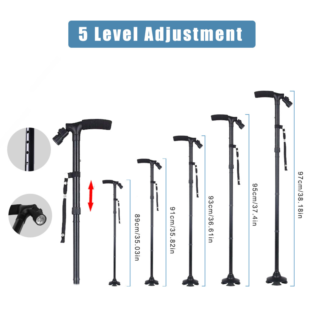 5-Levels Adjustable Height Walking Stick Portable Foldable Cane Travel Camping