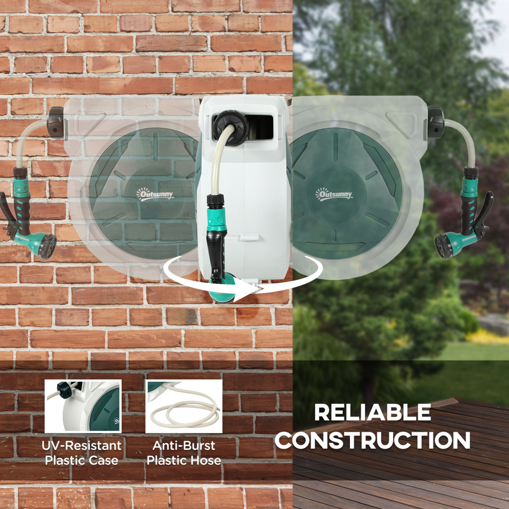 Outsunny Retractable Hose Reel Wall Mounted with Lock, Light Grey