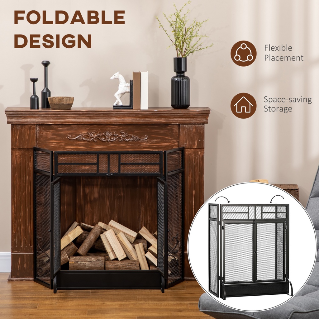 3-Panel Folding Fireplace Screen Spark Guard Metal Mesh Fireguard Black