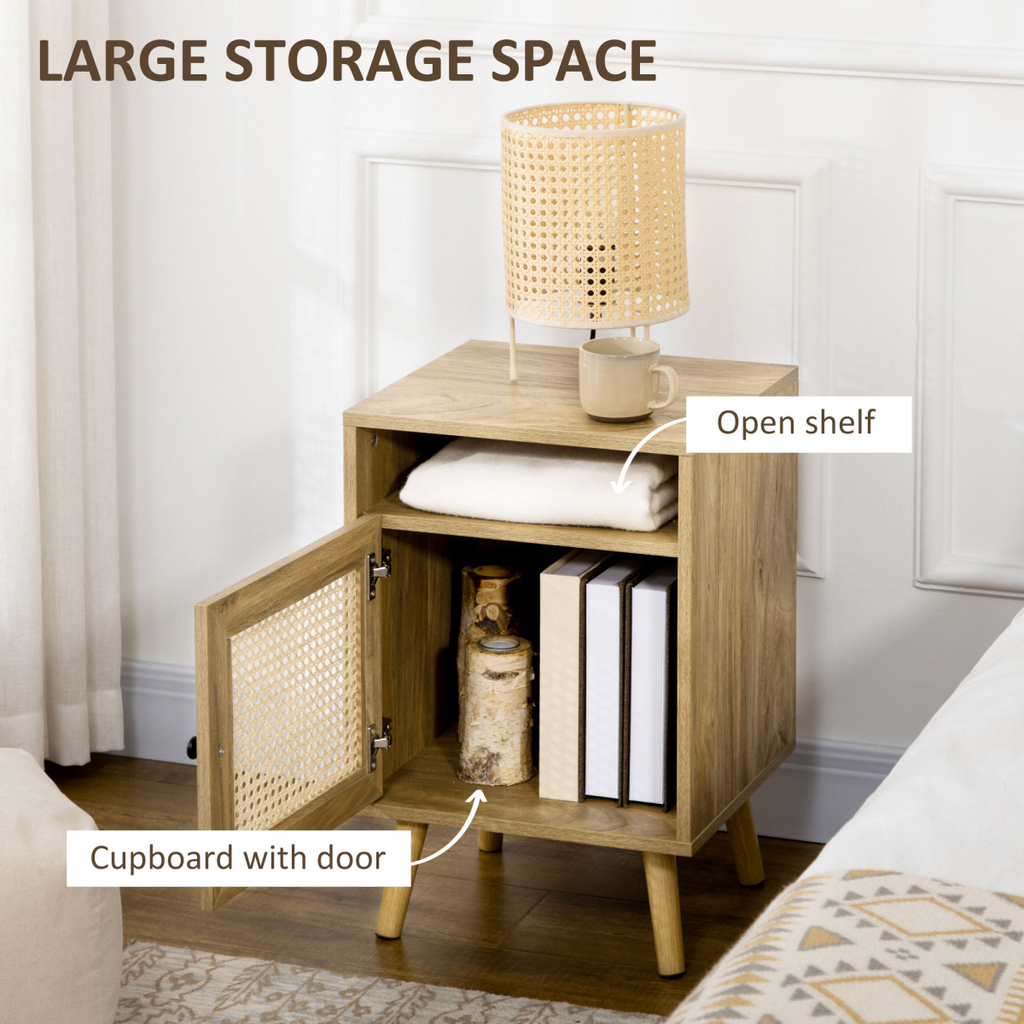 HOMCOM Nightstand, Rattan Bedside Table, Sofa Side Table w/ Cabinet, Shelf