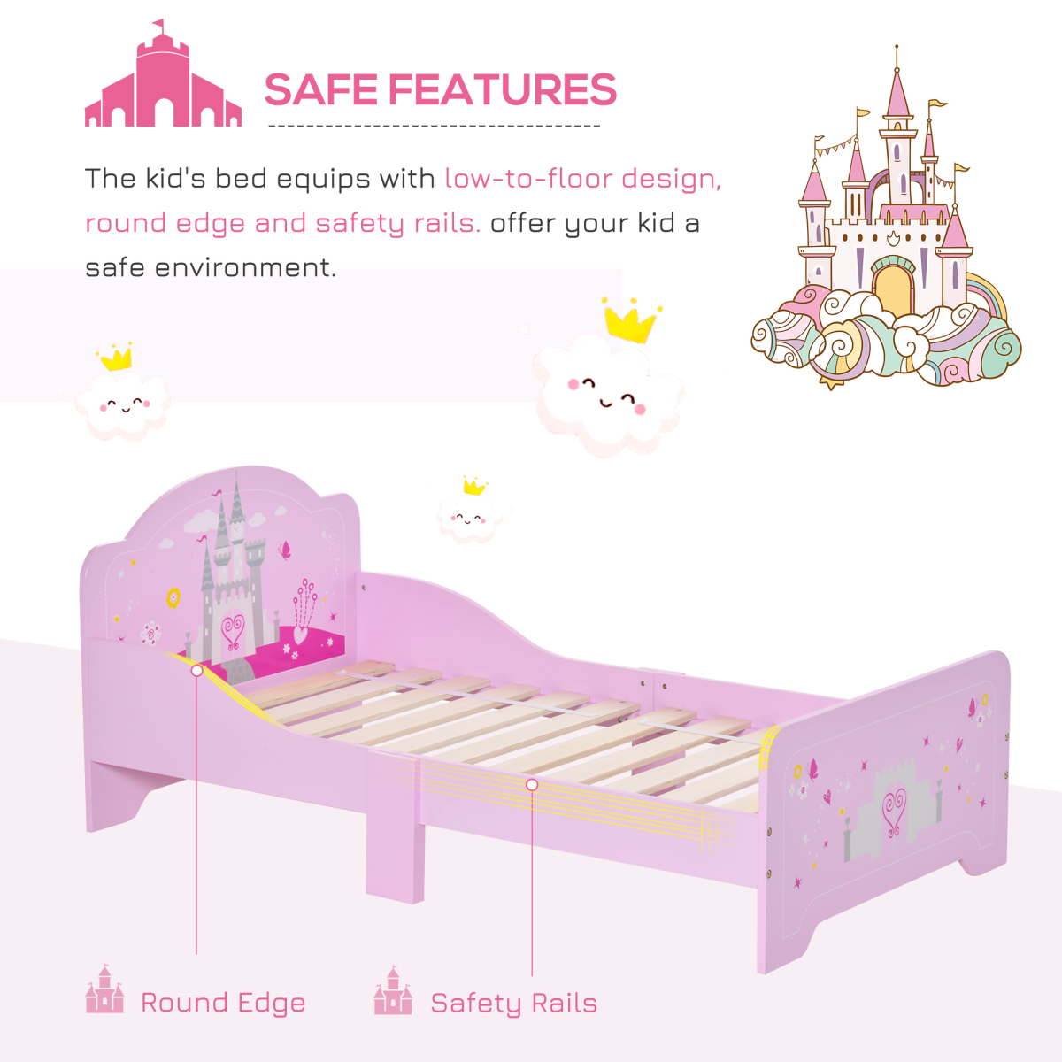 Kids Bed Princess Castle Theme with Side Rails Slats Home 3-6 Yrs Pink