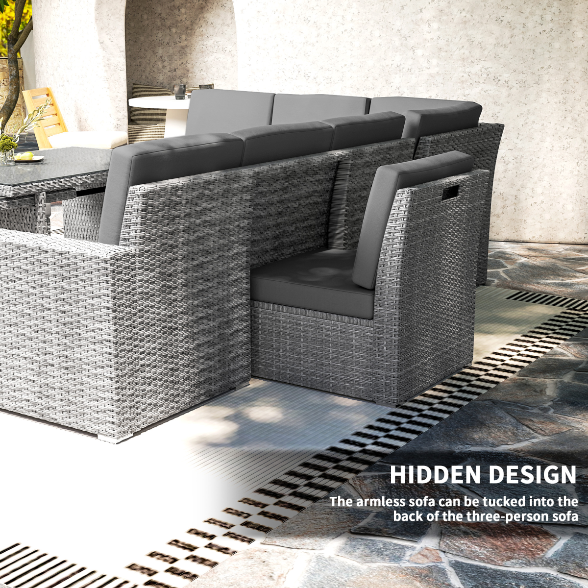 Outsunny 10-Seater Sofa Sectional w/ Cushioned Seat, Footstools and Glass Table