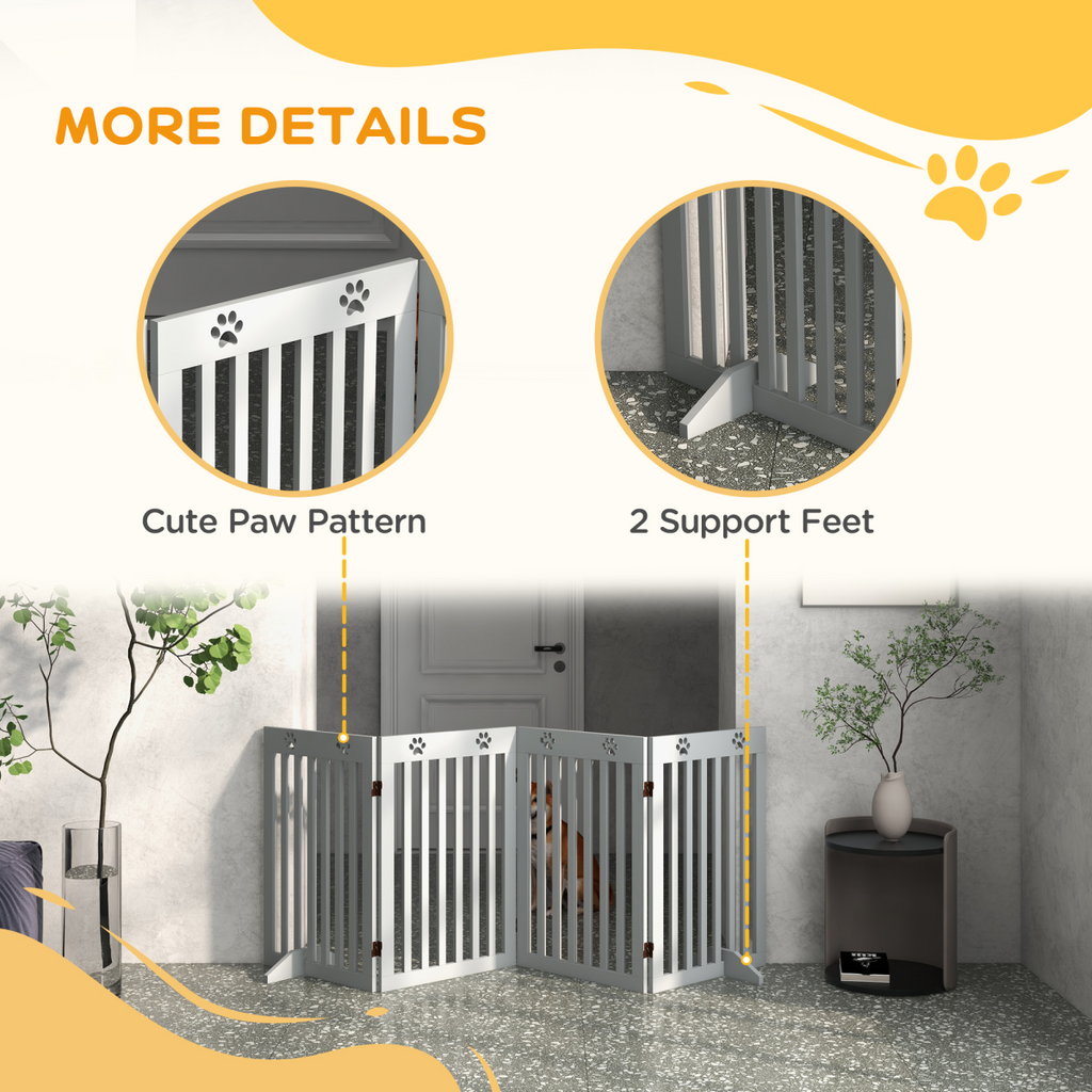 PawHut Pet Gate Foldable Fence Freestanding Dog Barrier w/ Support Feet Grey